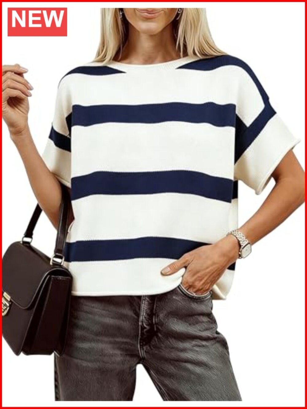 Striped Short Sleeve Knit Sweater Crewneck Women's Top